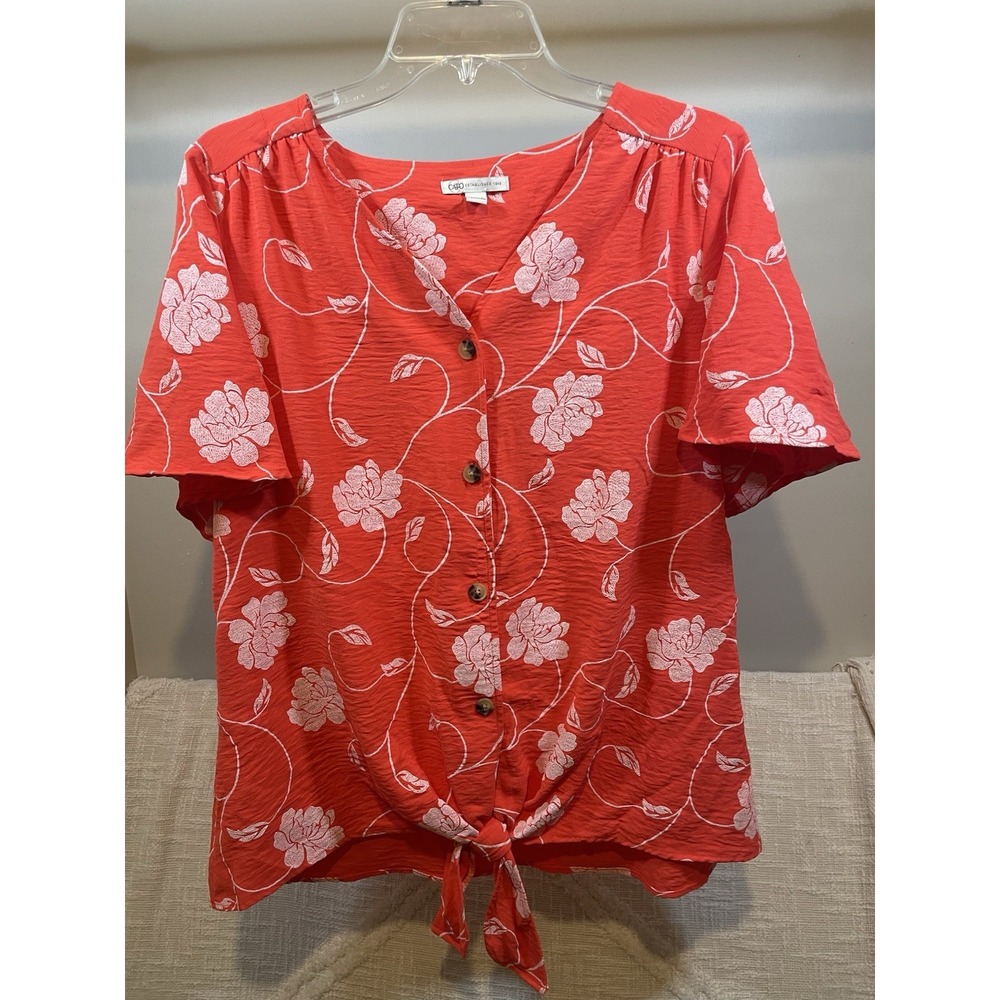 Cato Coral White Floral Resort Print Front Tie Button-Up Top Beach Women's Sz L